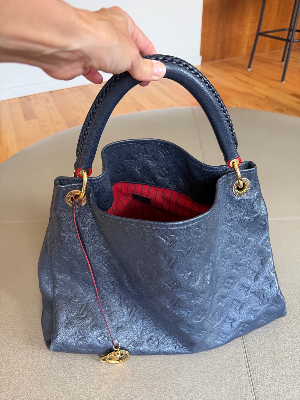 Louis Vuitton Navy Embossed Empreinte Shoulder Bag with Red Interior